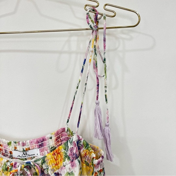 Floral Tassel Tie Mini Dress Multicolored Sheer Lined Tiered Shimmery - Picture 7 of 14